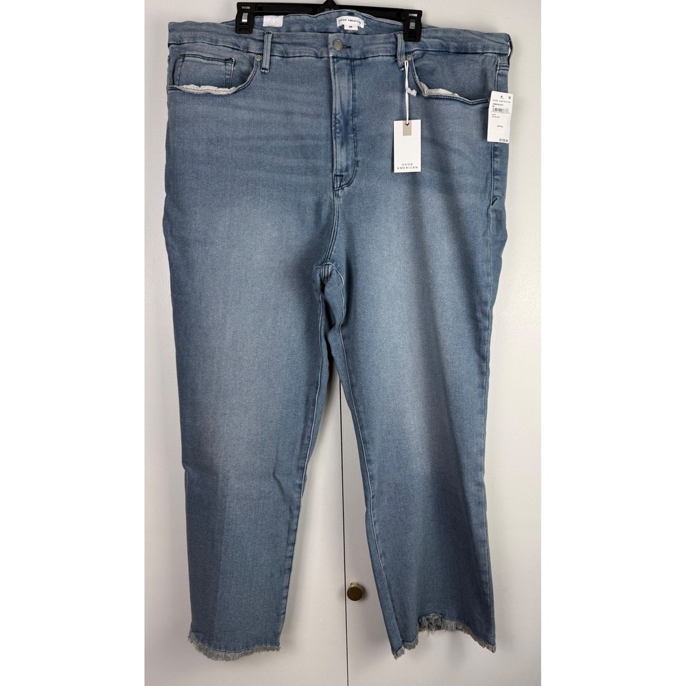 Good American Good Legs Straight Jeans Blue 26 Plus Distressed Raw Hem